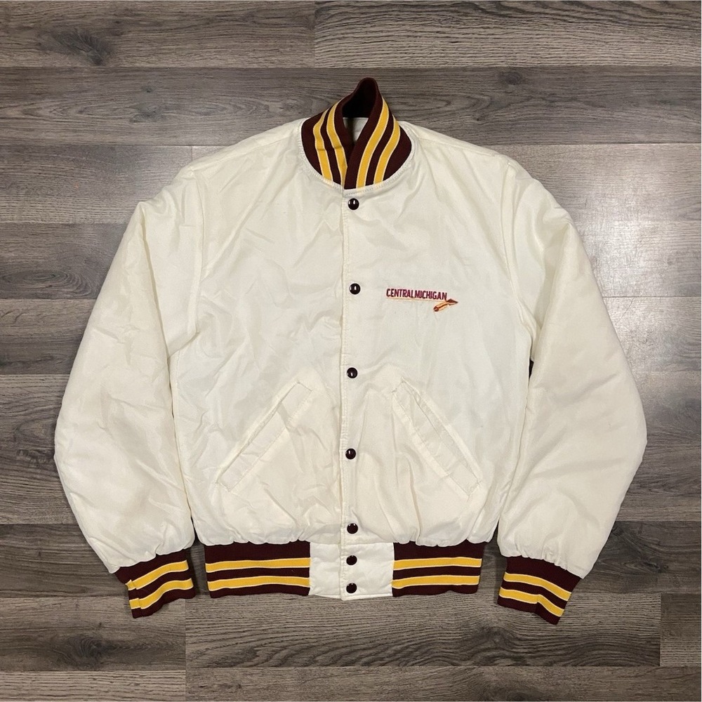 Vintage 80s Central Michigan Bomber Jacket Size Small White  CMU Nylon Snap‎ Up